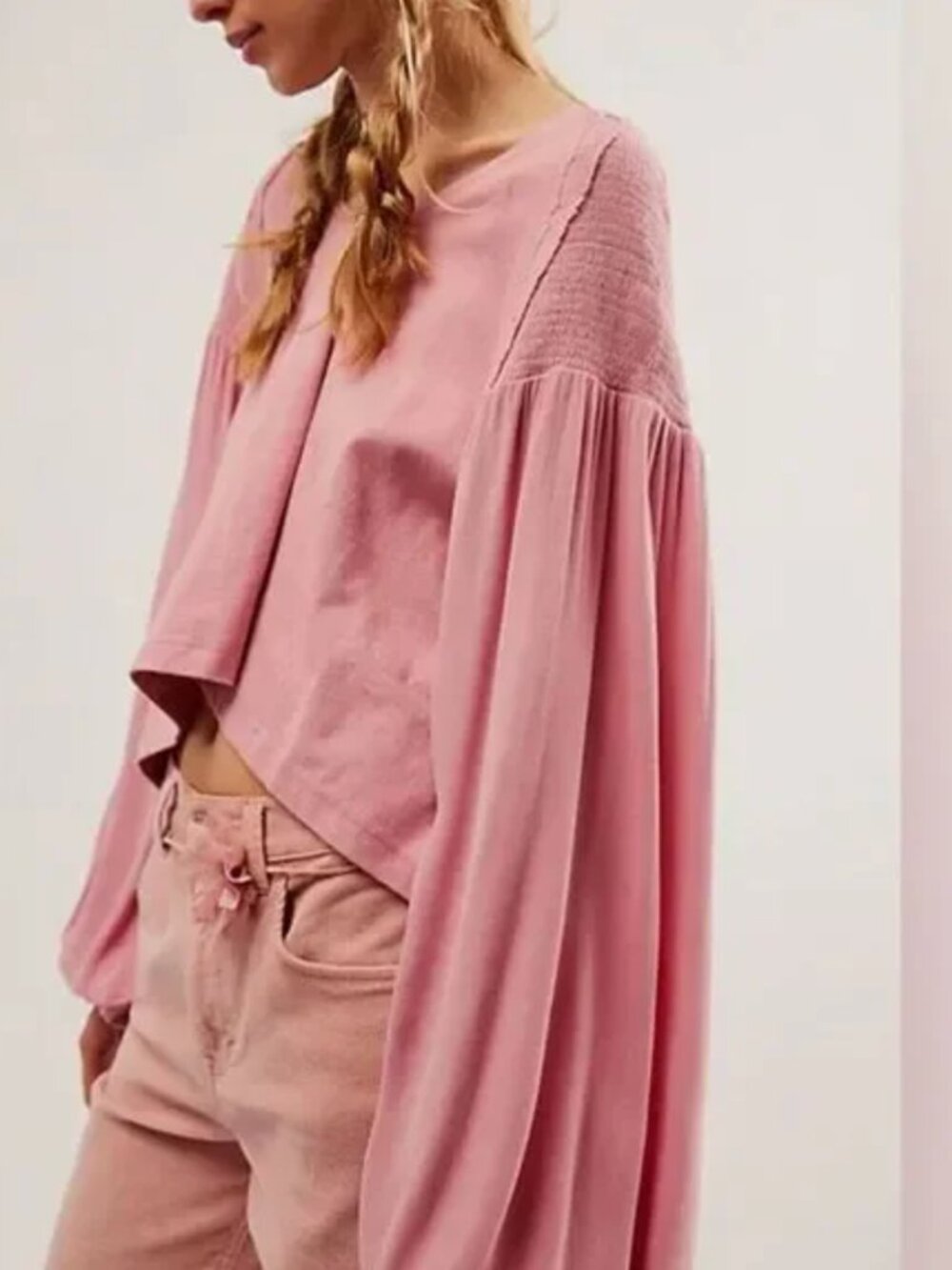 Free People Kathy Tee Shirt Top Boho Blush Pink Oversized Long Sleeve NWT L